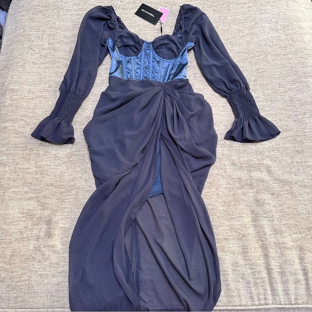 Pretty Little Thing Mineral Blue Satin Insert Draped Chiffon Midi Dress Small 6 - Picture 4 of 7
